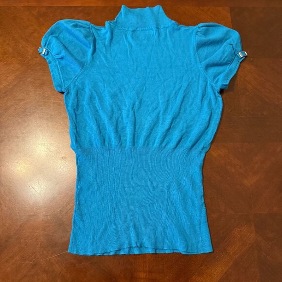 Express Design Studio Blue Puff Sleeve Mock Neck Sweater Top L Y2K Retro Ribbed - Picture 6 of 9